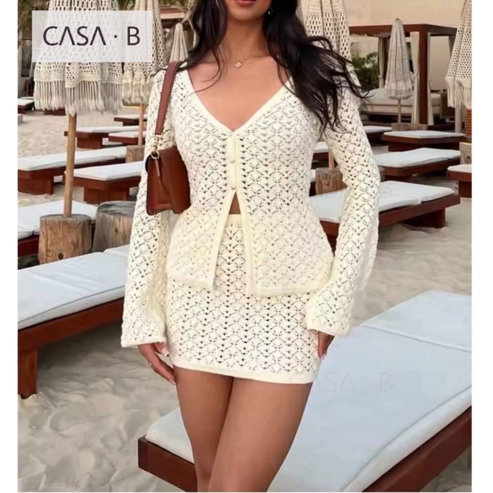 NEW💫 to CASA B| Del Mar Flared Sleeve Cardigan and Mini Skirt Cream Knit Set